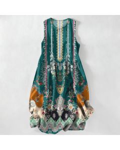 Buddha Stones Summer Casual Vintage Floral Medallions Leaves Pattern Women's Summer Sleeveless Midi Dress With Pockets - Teal / US4，UK/AU8，EU36 (S)