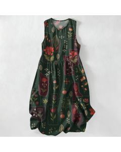 Buddha Stones Summer Casual Vintage Floral Patchwork Leaves Pattern Women's Summer Sleeveless Midi Dress With Pockets - Sienna / US16,UK/AU20,EU48 (3XL)