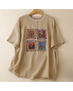 Buddha Stones Summer Casual Vintage Floral Square Patchwork Women's Short Sleeve T-Shirts - PaleGoldenrod / US4, UK/AU8, EU36 (M)
