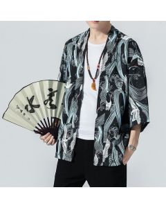 Buddha Stones Summer Casual Vintage Open Front Crane Wave Print Men's Kimonos - Black / US/UK/AU36, EU46 (L)