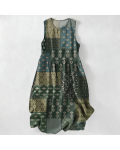 Buddha Stones Summer Casual Vintage Patchwork Floral Leaves Pattern Women's Summer Sleeveless Midi Dress With Pockets - DarkOrchid / US16,UK/AU20,EU48 (3XL)