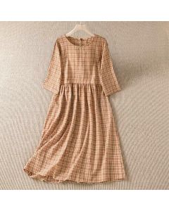 Buddha Stones Summer Casual Vintage Plaid Women's Three-Quarter Sleeve Dress With Pocket - SandyBrown / US4, UK/AU8, EU36 (M)