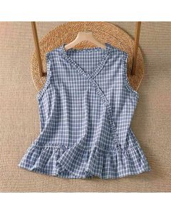 Buddha Stones Summer Casual Vintage Ruffle V-Neck Plaid Tank Top Women's Sleeveless T-Shirts - LightSteelBlue / US8-10, UK/AU12-14, EU40-42 (L)