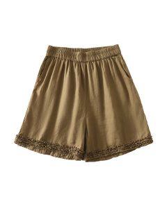 Buddha Stones Summer Casual Vintage Solid Elastic Waist Ruffled Hem Women's Shorts With Pockets - Black / US8-10, UK/AU12-14, EU40-42 (2XL)
