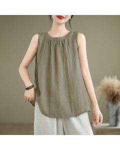 Buddha Stones Summer Wrinkles Simple Design Crew Neck Women's Sleeveless Vest Waistcoat - PeachPuff / US8-10，UK/AU12-14，EU40-42 (2XL)