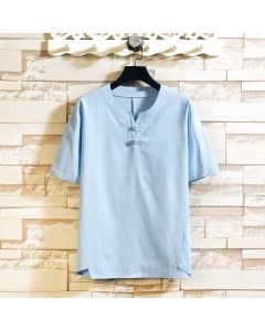 Buddha Stones Summer Chinese Frog-button Men's Solid Color Button Short Sleeve Cotton Linen Shirt - LightSkyBlue / US/UK/AU36，EU46 (L)