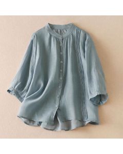 Buddha Stones Summer Classic Simple Button-Up Solid Women's Short Sleeve Shirts - LightSteelBlue / US4, UK/AU8, EU36 (L)