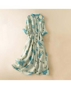 Buddha Stones Half Sleeve Color Contrast Floral Pattern Midi Dress With Pockets - FireBrick / US12，UK/AU16，EU44 (3XL)