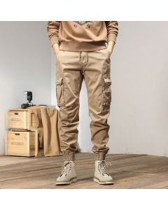 Buddha Stones Summer Cotton Elastic Cuffs Tapered Men's Pants With Pockets - Wheat / US/UK/AU36，EU46 (L)