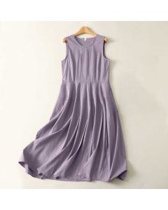 Buddha Stones Summer Cotton High Waist Women's Sleeveless Midi Dress With Pockets - Linen / US6，UK/AU10，EU38 (L)