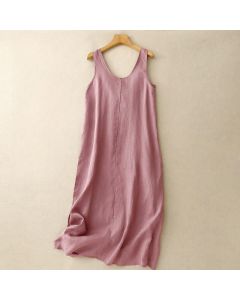 Buddha Stones Summer Daily Casual Pure Color Crew Neck Simple Design Sleeveless Midi Dress With Pockets - Black / US12，UK/AU16，EU44 (2XL)