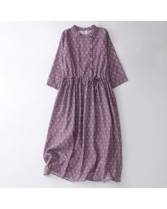 Buddha Stones Summer Drawstring Button-Up Floral Print Women's Short Sleeve Dress With Pockets - RebeccaPurple / US4，UK/AU8，EU36 (M)