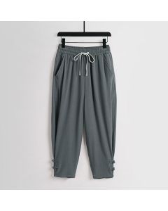 Buddha Stones Summer Drawstring Elastic Waist Frog-Button Ankle-Length Men's Cotton Linen Pants With Pockets - Black / US/UK/AU36，EU46 (L)