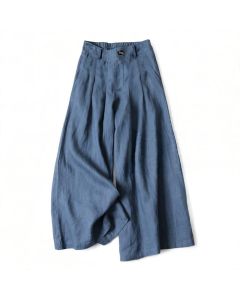 Buddha Stones Summer Elegant Solid Elastic Waist Button Zipper Design Cotton Linen Long Pants Women's Wide Leg Pants With Pockets - Black / US16，UK/AU20，EU48 (3XL)