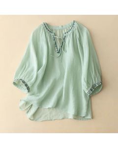 Buddha Stones Summer Embroided Three Quarter Lantern Sleeve Women's T-Shirt - Aquamarine / US4，UK/AU8，EU36 (L)
