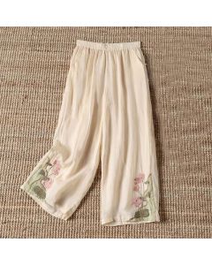 Buddha Stones Summer Embroidery Lotus Flower Lotus Leaf Pattern Women's Wide Leg Pants With Pockets - LightGoldenrodYellow / US4，UK/AU8，EU36 (L)