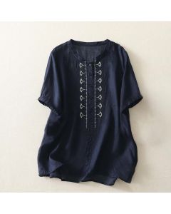 Buddha Stones Summer Floral Pattern Crew Neck Short Sleeve Women's Polyester Shirt - Beige / Lightweight fabric