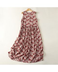 Buddha Stones Summer Floral Print Chiffon Women's Summer Sleeveless Dress With Pockets - AntiqueWhite / US12，UK/AU16，EU44 (2XL)