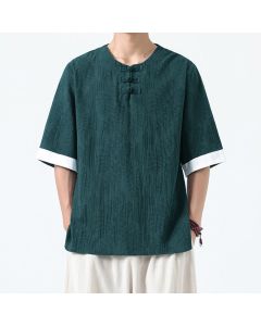 Buddha Stones Summer Flowers Grass Pattern Tang Suit Men's Frog-Button Half Sleeve Cotton Shirt - Maroon / US/UK/AU40，EU50 (2XL)