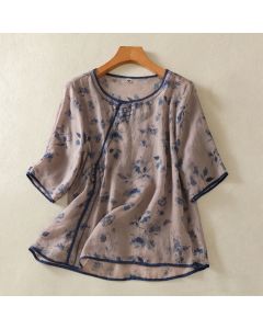 Buddha Stones Summer Frog Button Floral Crew Neck Women's Elbow-Length Sleeve Shirts - Thistle / US4，UK/AU8，EU36 (L)