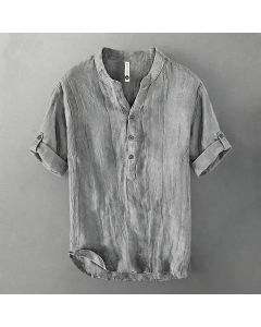Buddha Stones Summer Half Buttons Rolled Sleeves Design Cotton Linen Men's Short Sleeve Shirt - Gray / US/UK/AU40，EU50 (L)
