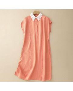 Buddha Stones Summer Hollow Lace Design Lapel Sleeveless Cotton Midi Dress With Pockets - MediumTurquoise / US8-10，UK/AU12-14，EU40-42 (L)