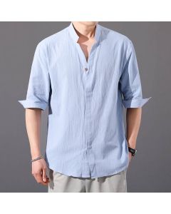 Buddha Stones Summer Men's Half Sleeve Button Cotton Shirt - LightBlue / US/UK/AU34，EU44 (M)