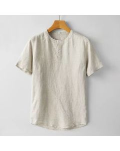 Buddha Stones Summer Men's Solid Color Button Short Sleeve Cotton Linen Shirt - Black / US/UK/AU48，EU58 (4XL)