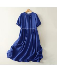 Buddha Stones Summer Minimalist Button-Up Solid Women's Short Sleeve Below Knee Dress With Pockets - RoyalBlue / US4，UK/AU8，EU36 (M)