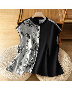 Buddha Stones Summer Minimalist Mandarin Collar Asymmetric Floral Print Women's Sleeveless Shirts - White / US4，UK/AU8，EU36 (M)