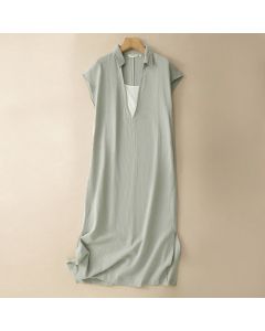 Buddha Stones Summer Minimalist Side Slit Solid Women's Summer Sleeveless Dress With Pocket - DarkOliveGreen / US14，UK/AU18，EU46 (2XL)