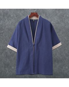 Buddha Stones Summer Minimalist V-Neck Frog Button Solid Men's Short Sleeve Kimono - SteelBlue / US/UK/AU36，EU46 (L)