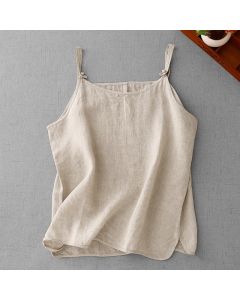 Buddha Stones Summer Plain Adjustable Strap Design Women's Cotton Linen Vest Waistcoat - Linen / US8-10，UK/AU12-14，EU40-42 (L)