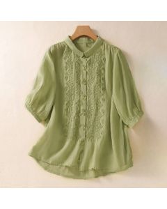 Buddha Stones Summer Plain Button Embroidery Flower Pattern Three Quarter Sleeve Lapel Women's Shirt - Black / US8-10，UK/AU12-14，EU40-42 (2XL)