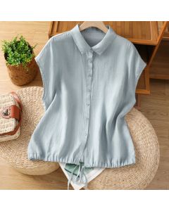 Buddha Stones Summer Plain Color Button Short Sleeve Women's Shirt - Linen / US12，UK/AU16，EU44 (2XL)