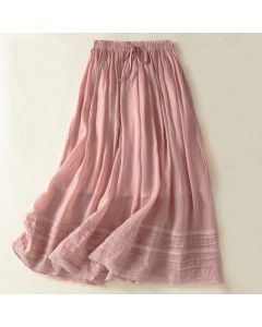 Buddha Stones Summer Plain Drawstring Lace Patchwork Design Women's 7-8 Length Skirt - LightPink / US4，UK/AU8，EU36 (L)