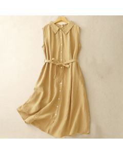Buddha Stones Summer Plain Lace-up Button Front Design Lapel Sleeveless Knee Length Dress - ForestGreen / US12，UK/AU16，EU44 (2XL)