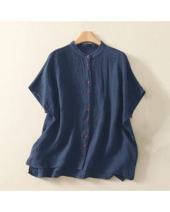 Buddha Stones Summer Plain Red Buttons Short Sleeve Women's Shirt - Goldenrod / US8-10，UK/AU12-14，EU40-42 (L)