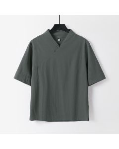 Buddha Stones Summer Simple V-Neck Short Sleeve Cotton Linen Men's Shirt - Black / US/UK/AU46，EU56 (5XL)