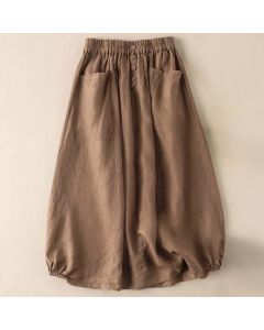Buddha Stones Summer Solid Button Elastic Waist 7-8 Length Women's Skirt With Pockets - Black / US16，UK/AU20，EU48 (5XL)
