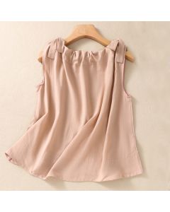 Buddha Stones Summer Solid Color Lace-up Patchwork Design Sleeveless Pleated Crew Neck Women's Cotton Vest - DarkSalmon / US4，UK/AU8，EU36 (M)