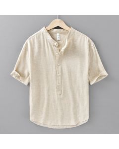 Buddha Stones Summer Solid Color Men's Half Button Short Sleeve Cotton Linen Shirt - Linen / US/UK/AU38，EU48 (XL)