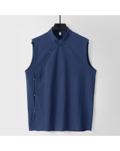 Buddha Stones Summer Solid Color Stand Collar Frog-Button Men's Cotton Linen Sleeveless Vest - OldLace / US/UK/AU56，EU66(9XL)