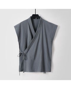 Buddha Stones Summer Solid Color V-Neck Sleeveless Men's Cotton Linen Vest - Navy / US/UK/AU56,EU66 (9XL)