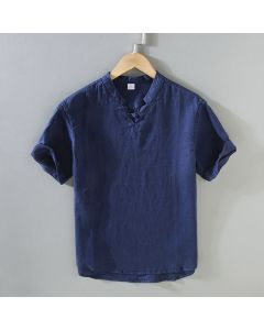 Buddha Stones Summer Solid Design Men's Short Sleeve Linen Shirt - SteelBlue / US/UK/AU38，EU48 (XL)
