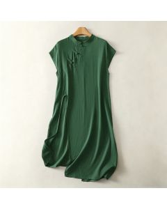 Buddha Stones Summer Solid Green Mandarin Collar Side Slit Women's Sleeveless Dress - SeaGreen / US12，UK/AU16，EU44 (2XL)