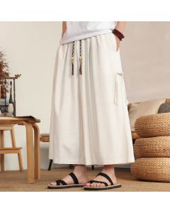 Buddha Stones Summer Solid Men's Elastic Waist Wide Leg Pants With Pockets - Black / US/UK/AU46，EU56 (5XL)