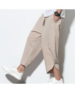 Buddha Stones Summer Stripes Pattern Drawstring Cotton Linen Men's 7-8 Length Harem Pants With Pockets - MidnightBlue / US/UK/AU46，EU56 (5XL)