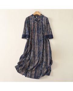 Buddha Stones Summer Tang Style Boho Mandarin Collar Geometric Women's Three-Quarter Sleeve Dress With Pocket - Navy / US4, UK/AU8, EU36 (M)