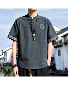 Buddha Stones Summer Tang Style Casual Frog Button Embroidery Men's Short Sleeve Shirts - DimGray / US/UK/AU44, EU54 (4XL)